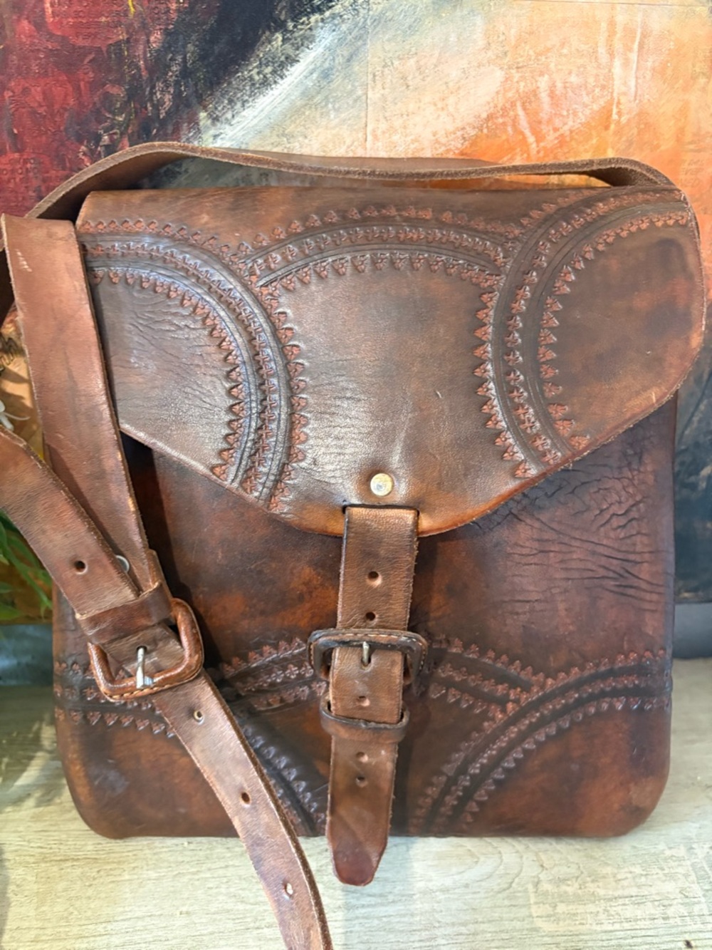 Handcrafted Brown Leather Embossed Crossbody Bag - Picture 2 of 6